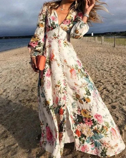 レディース 花柄 Vネック 長袖 マキシワンピース ガーデンパーティー お呼ばれ
