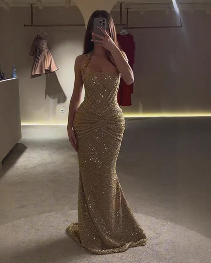 レディース ゴールド スパンコール ホルターネック ロングドレス 結婚式 二次会 パーティー