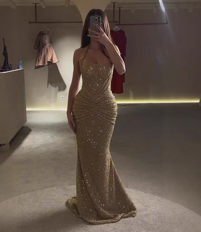 レディース ゴールド スパンコール ホルターネック ロングドレス 結婚式 二次会 パーティー